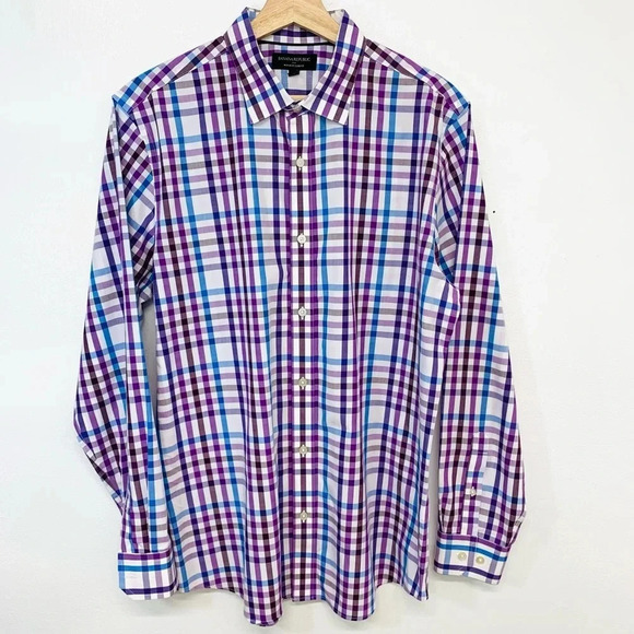 Banana Republic Shirt Men Large  Non‎ Iron Slim Fit Purple Plaid 100% Cotton - Picture 1 of 9
